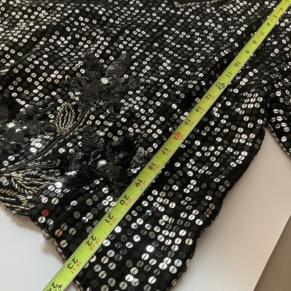 VTG Sequins Queen Medium Silk Beaded Top Black Silver Sequin Floral Embellished* - Picture 11 of 13